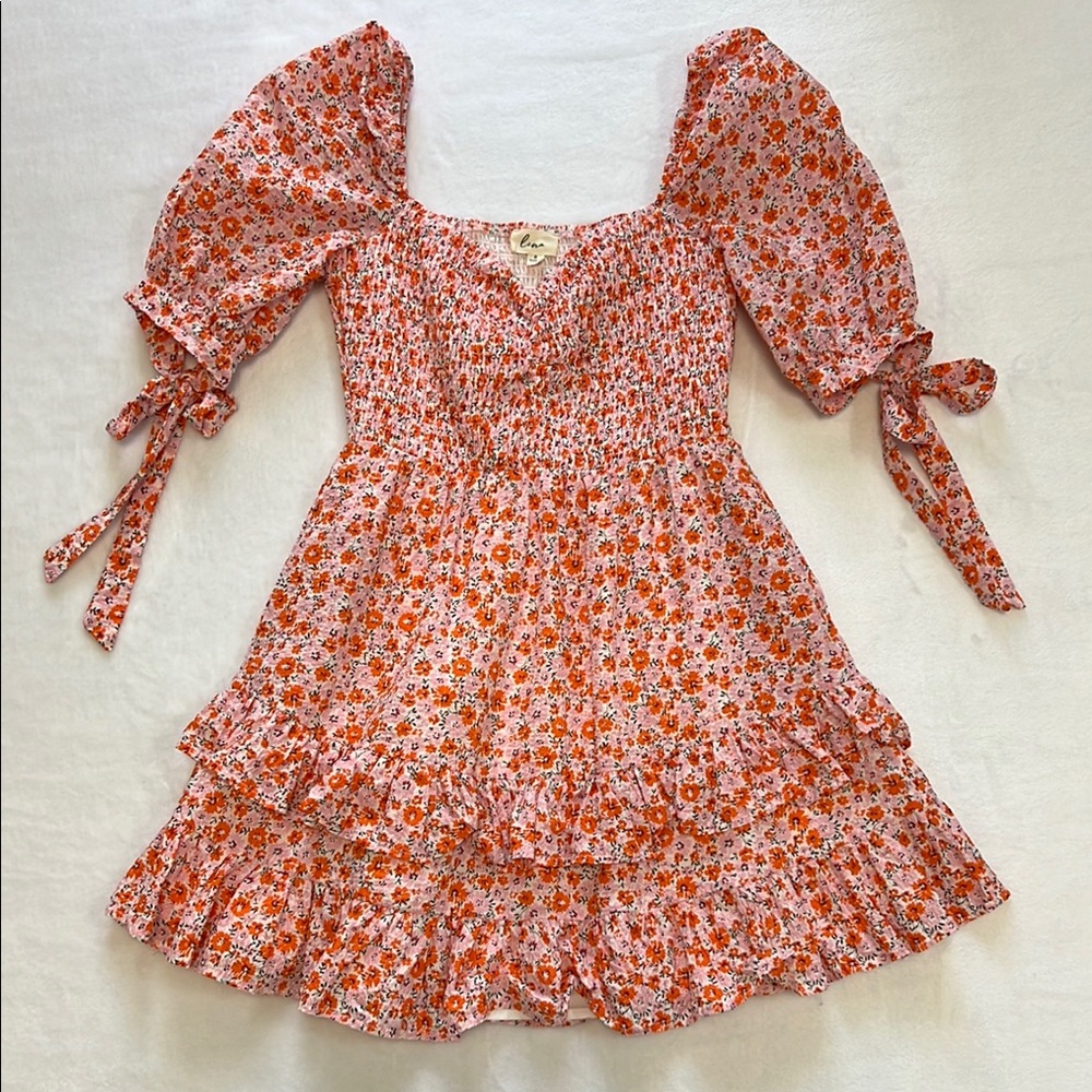 Lena Pink and Orange Mini Sundress with Puff Sleeves